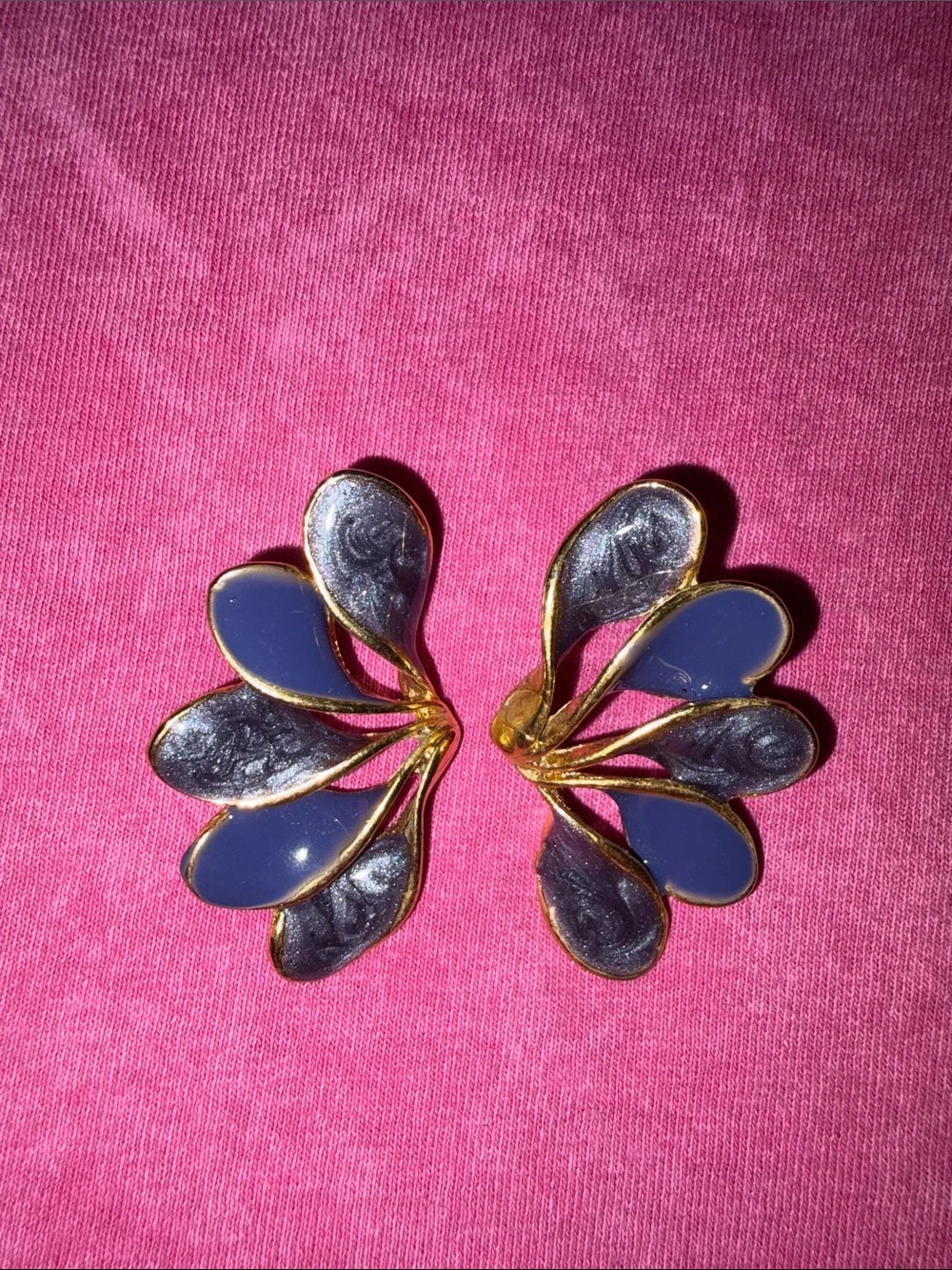 Vintage Fan Shaped Enamel Earrings in Gold Tone- 3 pairs